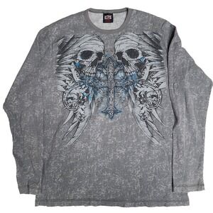 MMA Elite Long Sleeve Shirt Grey Waffle‎ Thermal Y2K Men's XXL Cross Skulls VTG
